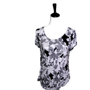 ALFANI Gray/Black Floral Pattern Short Sleeve Top Size Medium